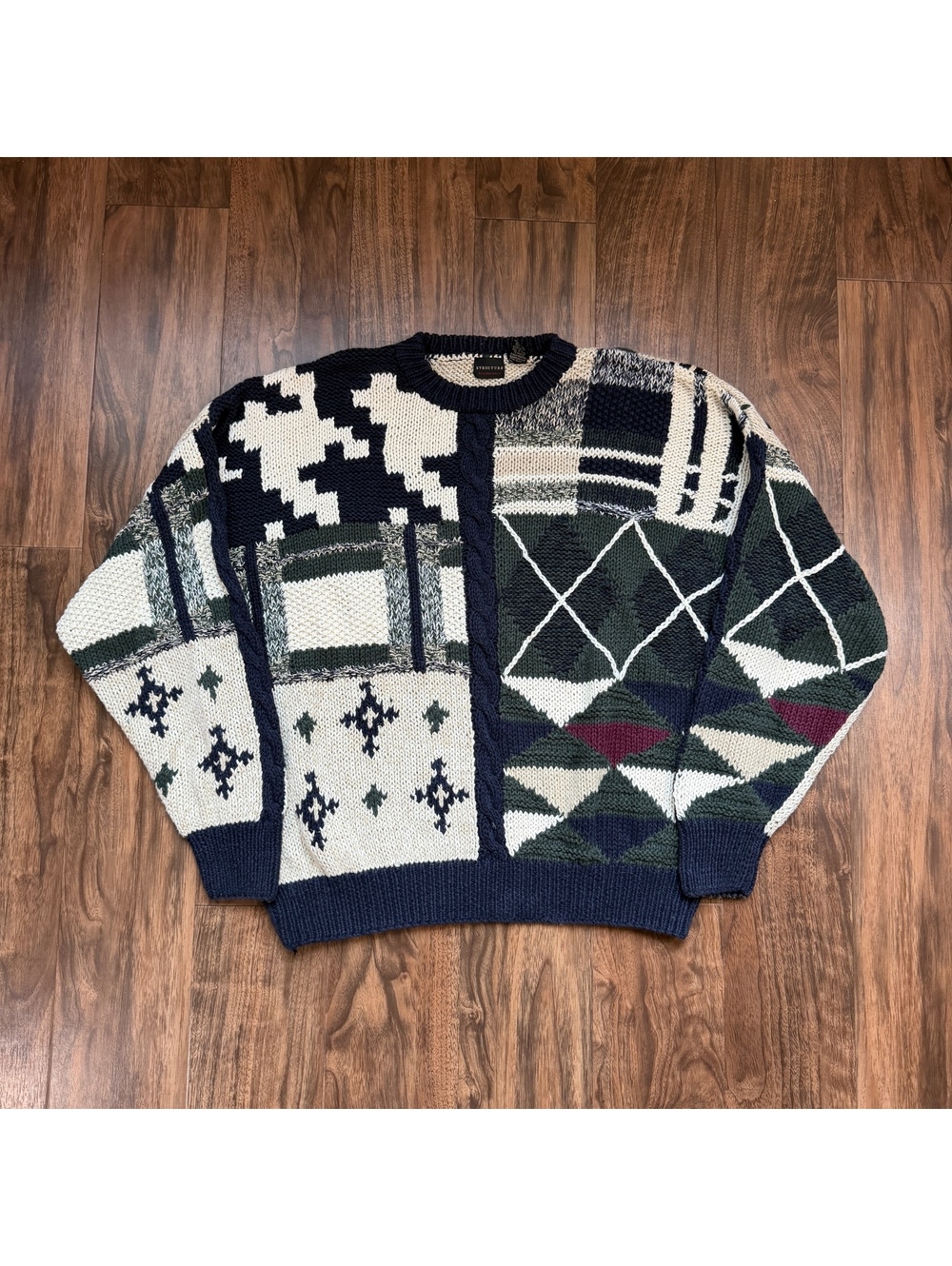 Vintage 90s Structure Sweater Mens XL Patchwork 3D Chunky Knit Coogi
